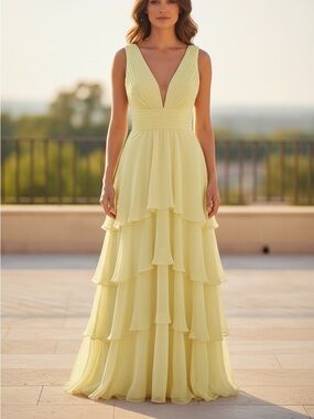 Yellow Tiered V-Neck Women’s Dress